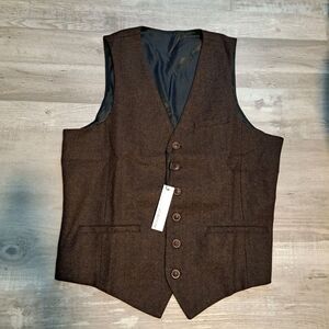 VOBOOM Mens XL Wool Blend Vest Waistcoat Grandpa Core Herringbone Brown NWT